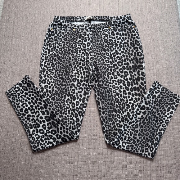 Michael Kors Pants - Michael Kors Womens Gray Black Leopard Print Skinny Pants Size M Gold Hardware